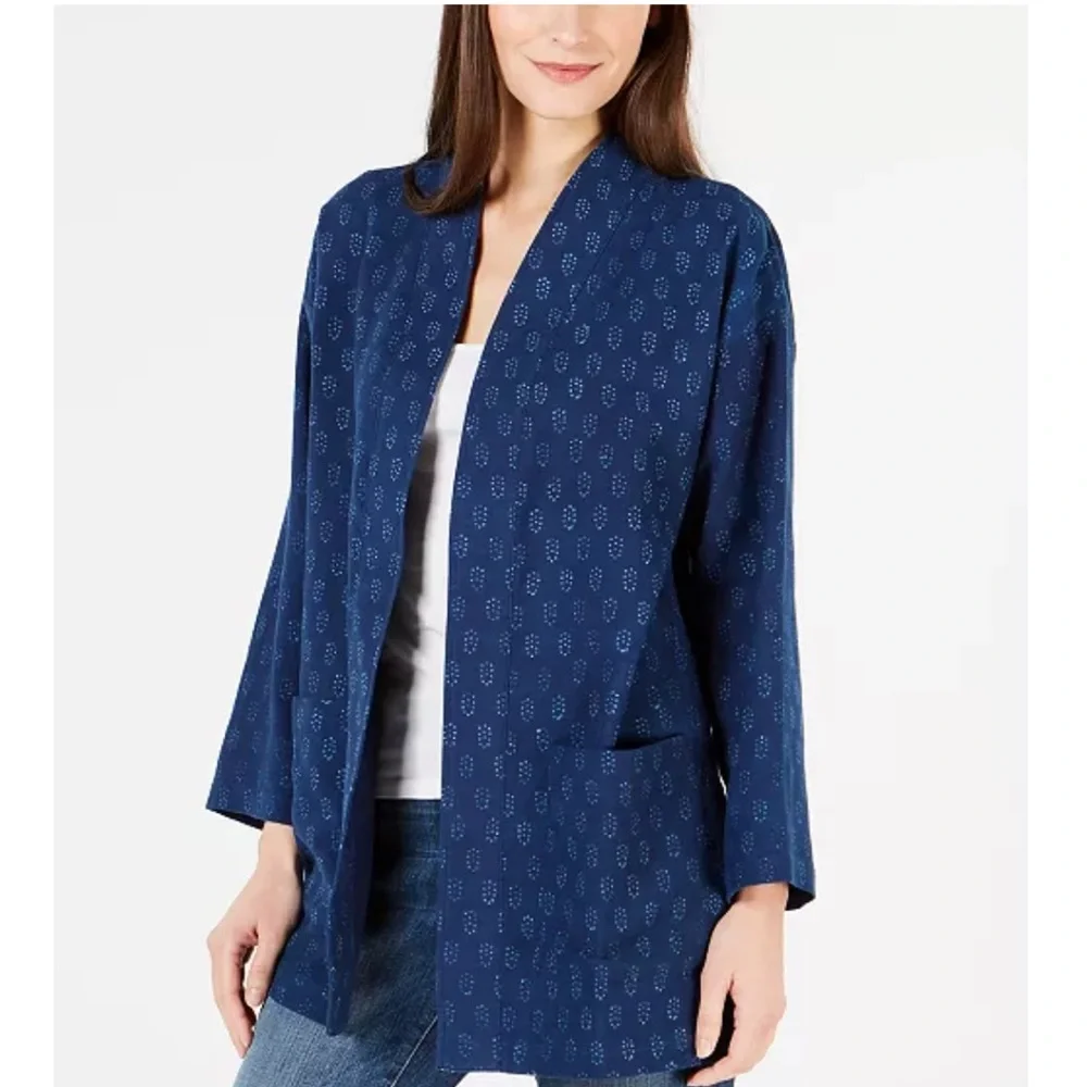 Eileen Fisher block print blue kimono style 100 percent organic cotton jacket?